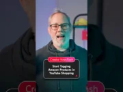 Bearded presenter in glasses with on-screen text about YouTube Amazon product tags.