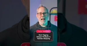 YouTube Amazon product tags now work in videos, Shorts, and livestreams Bearded presenter in glasses with on-screen text about YouTube Amazon product tags.