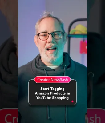 YouTube Amazon product tags now work in videos, Shorts, and livestreams Bearded presenter in glasses with on-screen text about YouTube Amazon product tags.