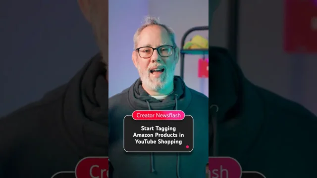 youtube-amazon-product-tags Bearded presenter in glasses with on-screen text about YouTube Amazon product tags.