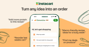 Instacart Clementine AI shopping assistant launch artwork with chat bubbles and grocery items