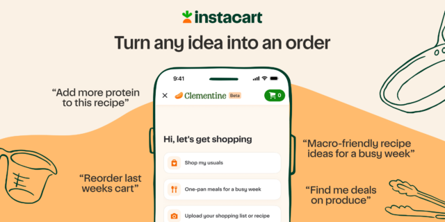 Clementine Instacart Clementine AI shopping assistant launch artwork with chat bubbles and grocery items
