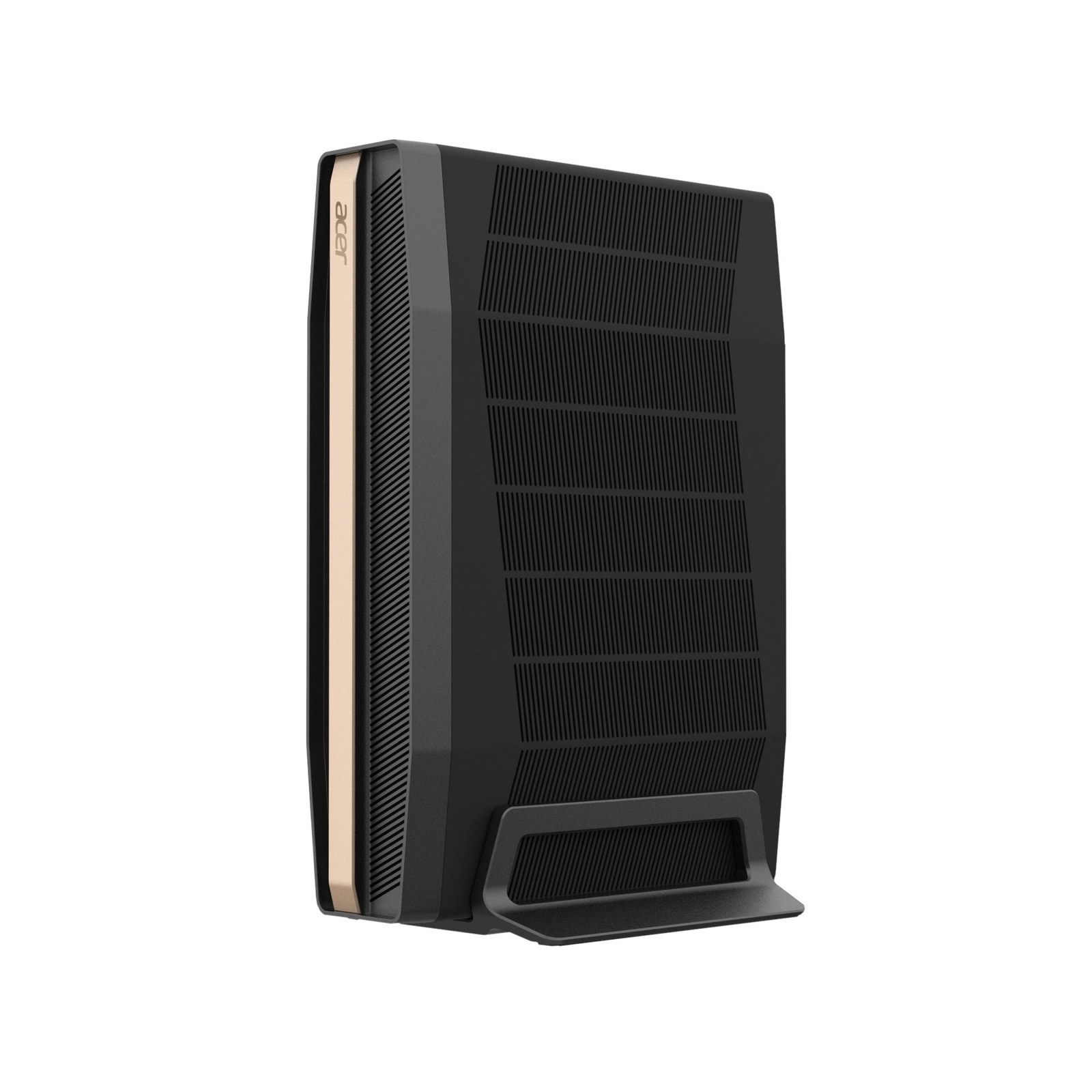 Acer SFF RTX Spark compact desktop standing vertically in its stand with a gold accent stripe