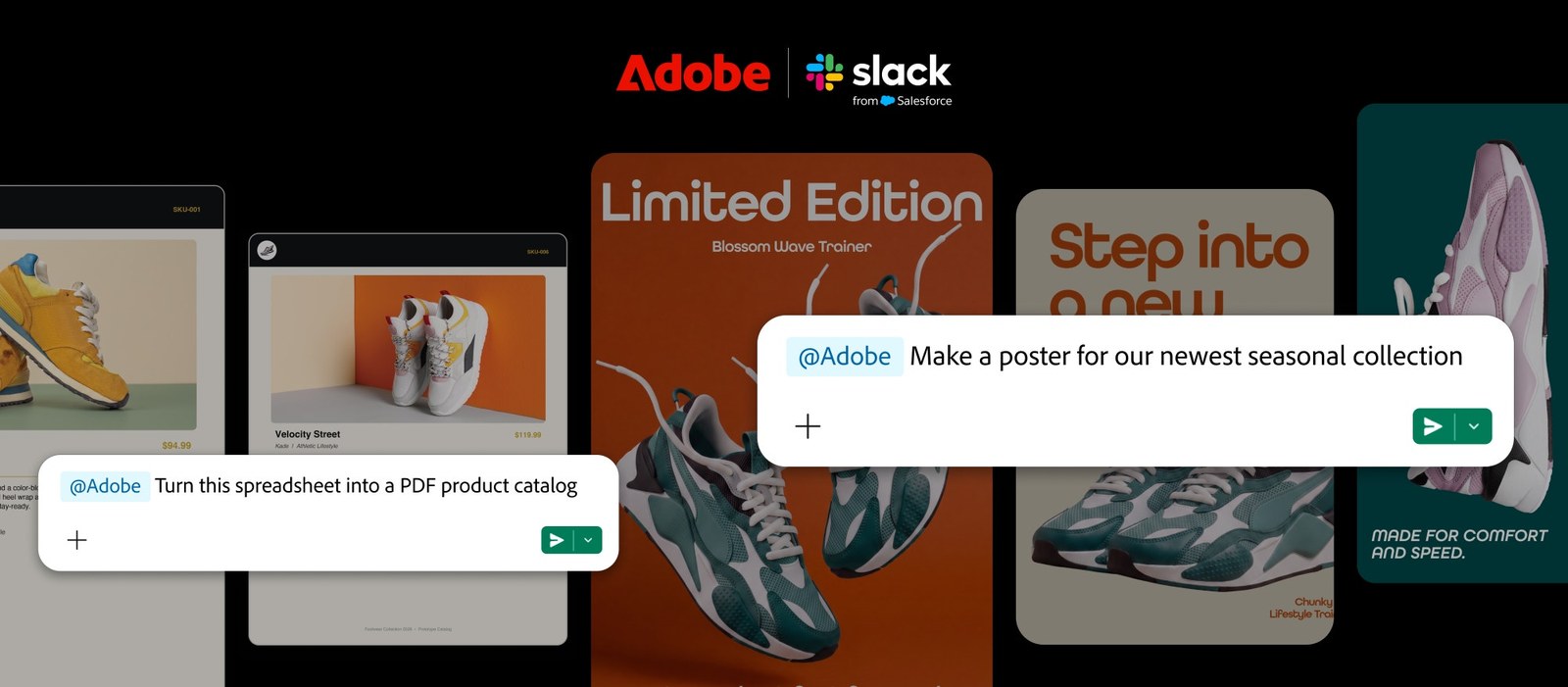 Adobe and Slack logos above sneaker campaign posters with Slack prompts to Adobe overlaid