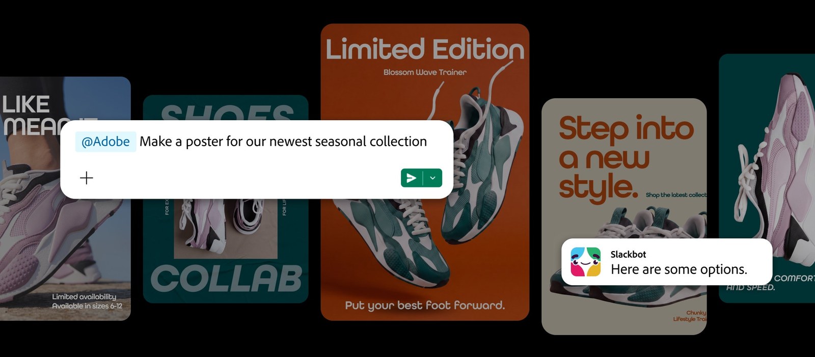 Slack prompt asking Adobe to make a poster beside generated seasonal sneaker campaign designs