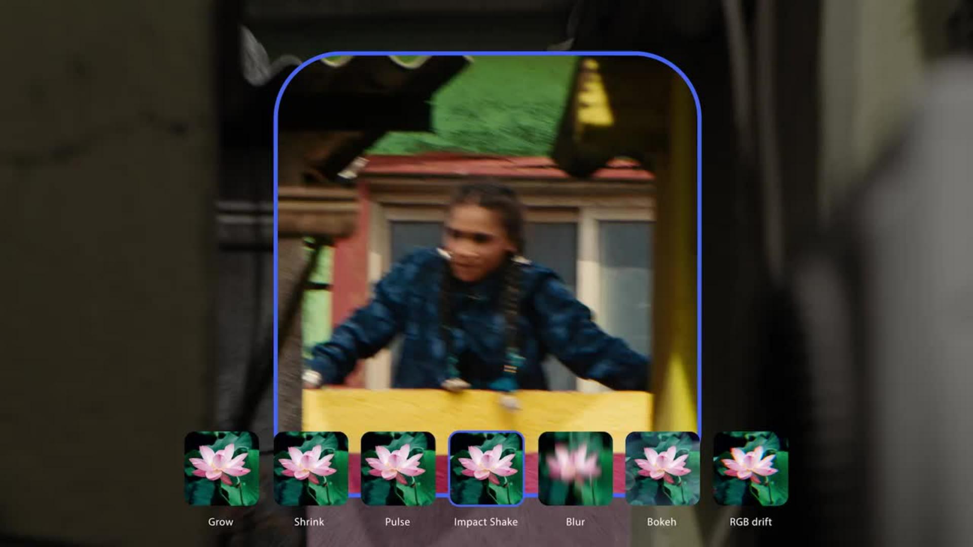 Premiere mobile clip-effect picker showing Grow, Shrink, Pulse, Impact Shake, Blur, Bokeh, and RGB drift