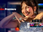 Adobe Premiere Mobile Arrives on Android Smiling woman in a ruffled top with an Adobe Premiere timeline overlay and playback controls