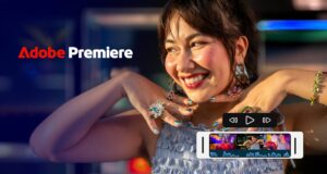 Adobe Premiere Mobile Arrives on Android Smiling woman in a ruffled top with an Adobe Premiere timeline overlay and playback controls