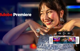 Adobe Premiere Mobile Arrives on Android Smiling woman in a ruffled top with an Adobe Premiere timeline overlay and playback controls
