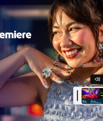 Smiling woman in a ruffled top with an Adobe Premiere timeline overlay and playback controls
