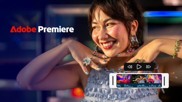 adobe-premiere-mobile-android-hero Smiling woman in a ruffled top with an Adobe Premiere timeline overlay and playback controls