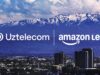 Amazon Leo and Uztelecom logos over a Tashkent skyline with snow-capped mountains behind