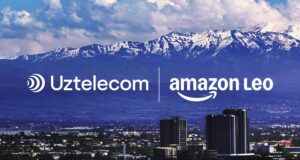 Amazon Leo and Uztelecom logos over a Tashkent skyline with snow-capped mountains behind