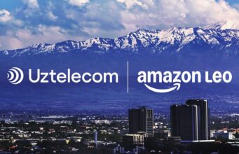 Amazon Leo and Uztelecom logos over a Tashkent skyline with snow-capped mountains behind
