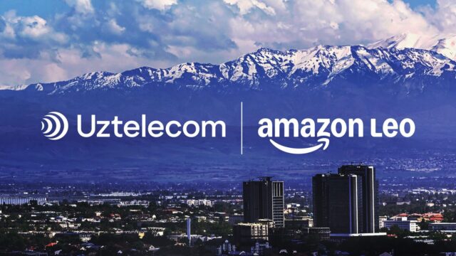 amazon-leo-uztelecom Amazon Leo and Uztelecom logos over a Tashkent skyline with snow-capped mountains behind