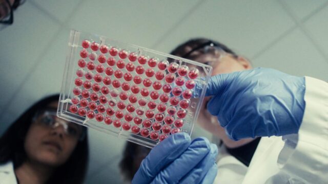 anthropic-wet-lab-genentech-plate-hero Two scientists in safety glasses and blue gloves hold up a 96-well plate filled with red liquid in a lab