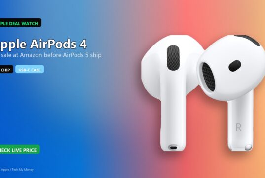 Two Apple AirPods 4 earbuds on a blue-to-coral Tech My Money deal graphic with H2 chip and USB-C case chips