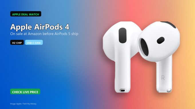 Two Apple AirPods 4 earbuds on a blue-to-coral Tech My Money deal graphic with H2 chip and USB-C case chips