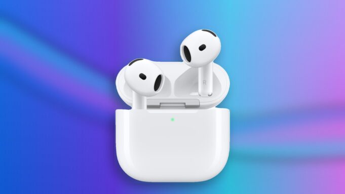 AirPods 5 earbuds in their open white charging case against a blue and violet background