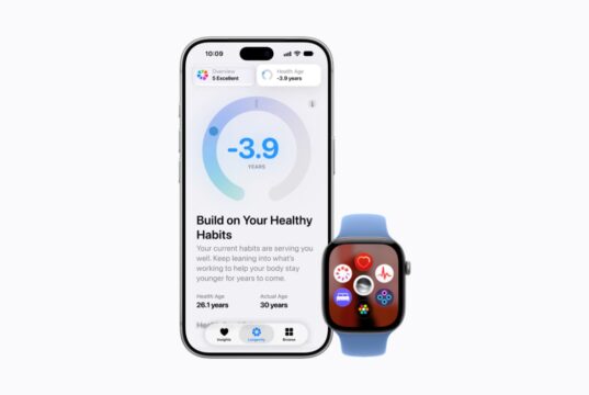 The redesigned Health app on an iPhone 18 Pro next to an Apple Watch Series 12