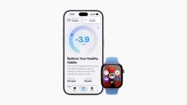 apple-health-app-hero-lp The redesigned Health app on an iPhone 18 Pro next to an Apple Watch Series 12