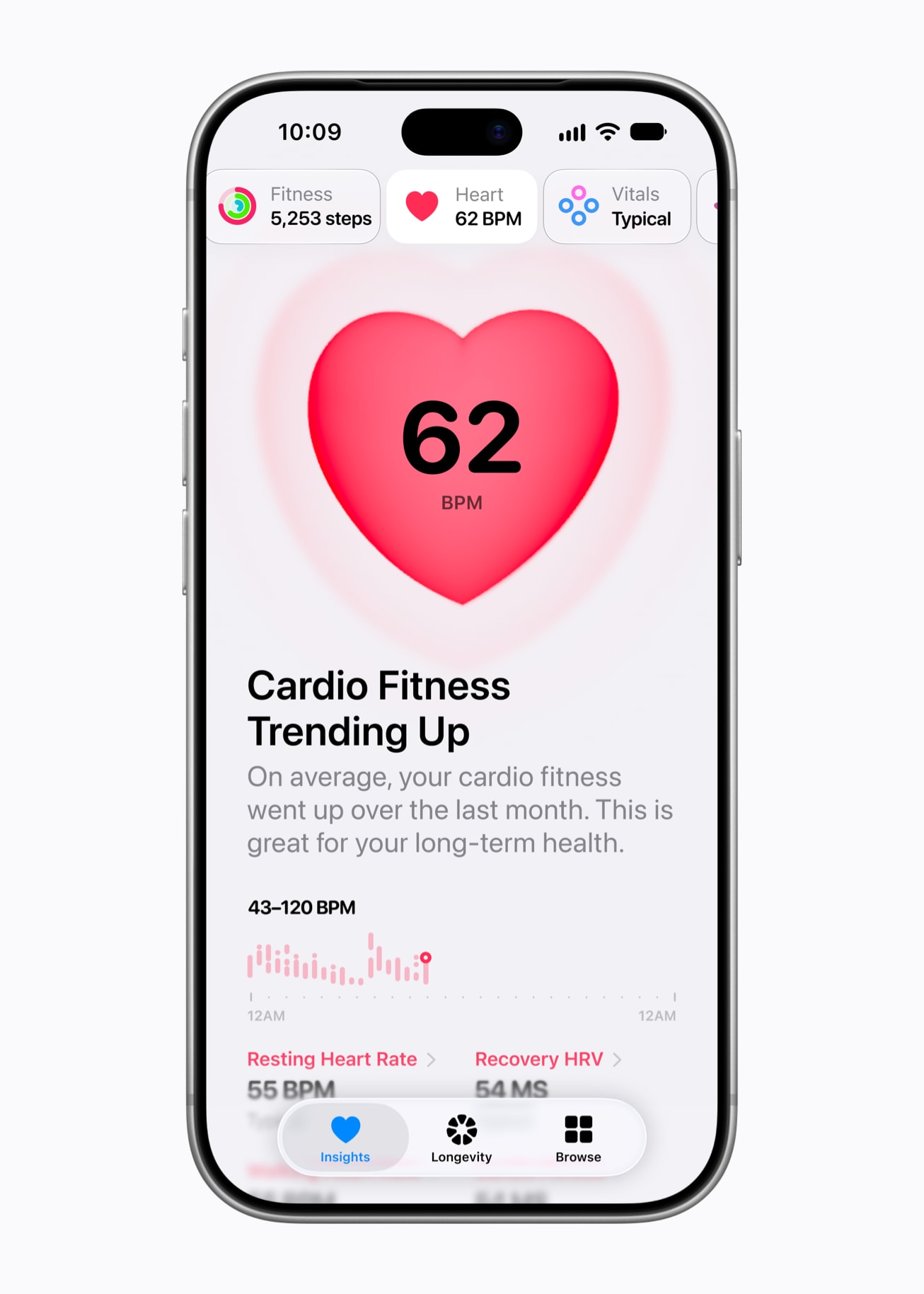 Redesigned Health app Insights tab showing heart rate and a cardio fitness summary on iPhone