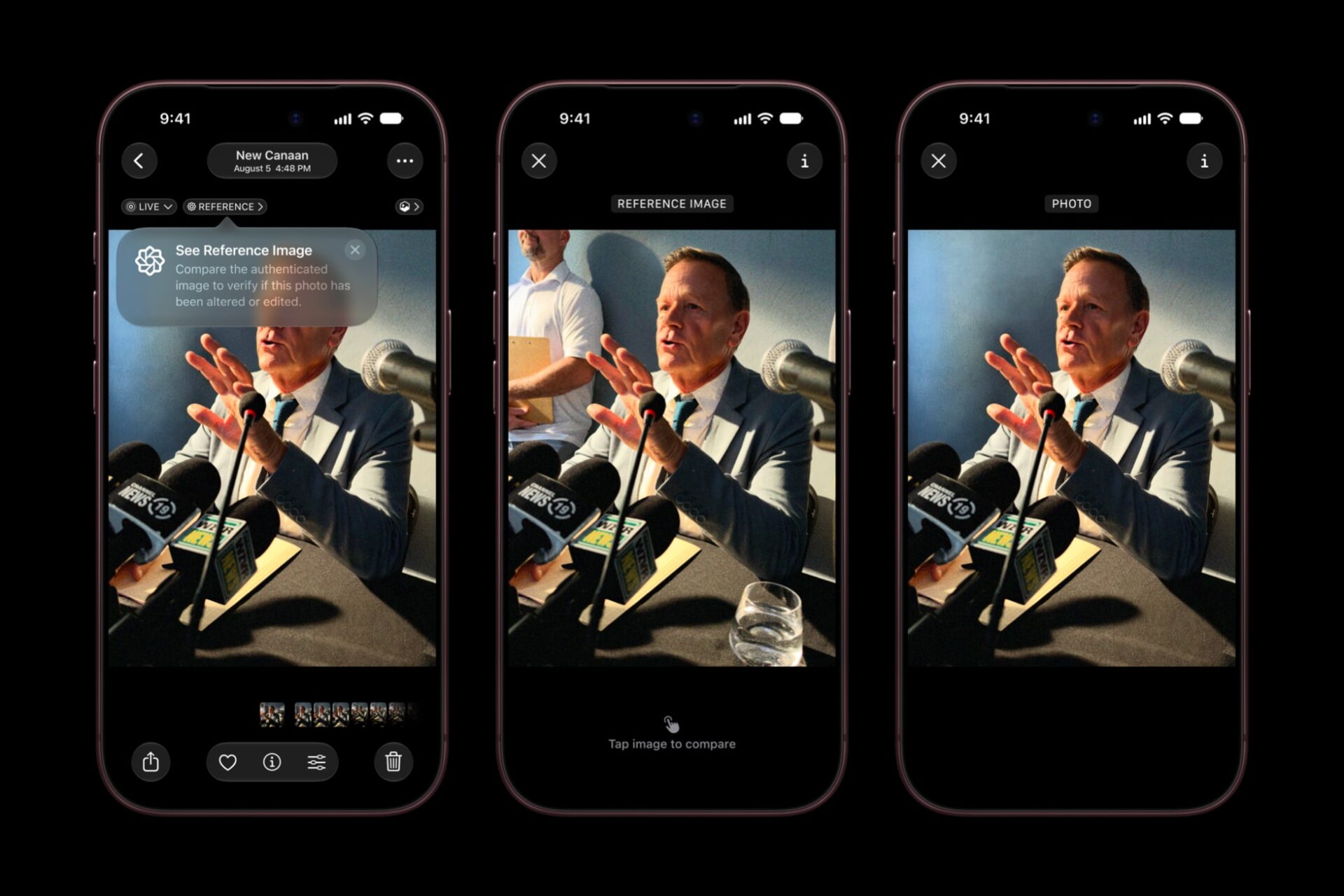 Three iPhone 18 Pro screens comparing an edited photo with its signed Apple Reference Image in the Photos app