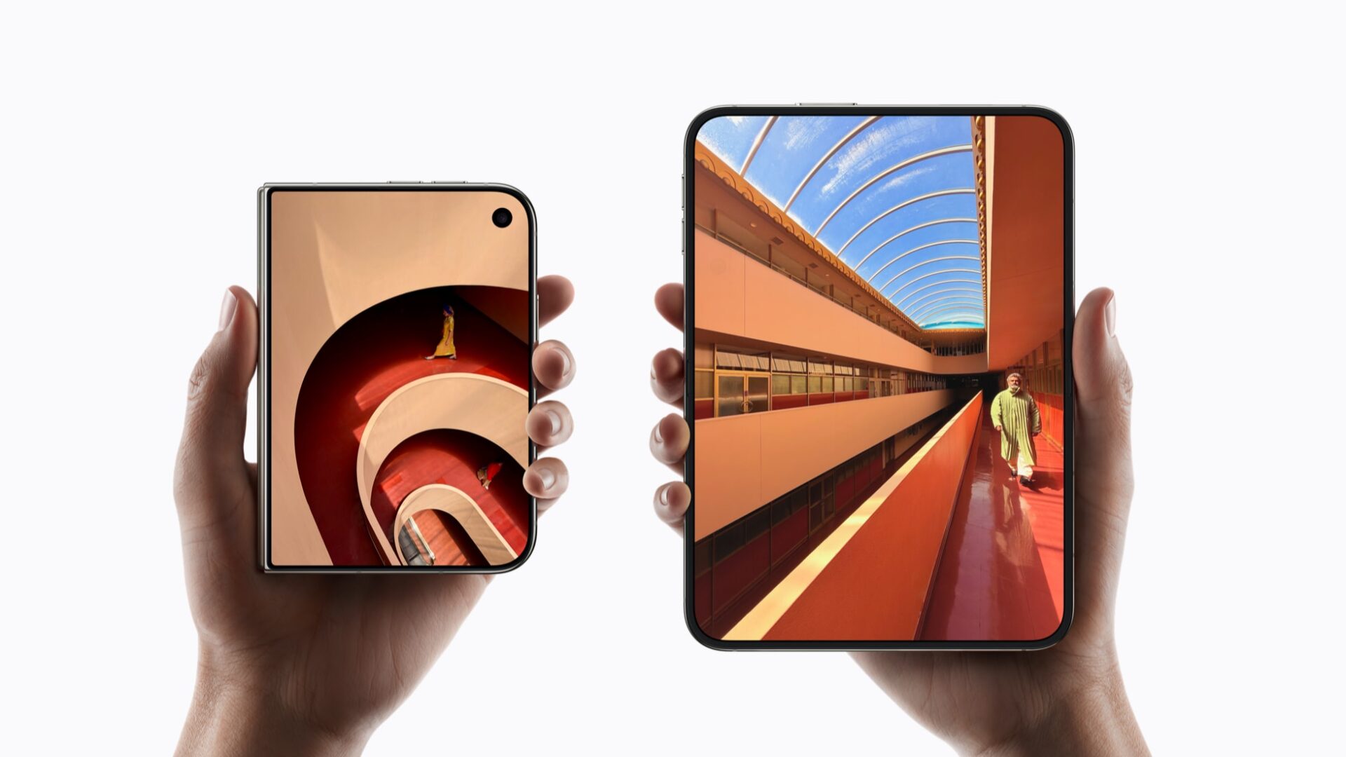 iPhone Duo closed with its 5.4-inch outer display next to the same phone open with its 7.6-inch inner display