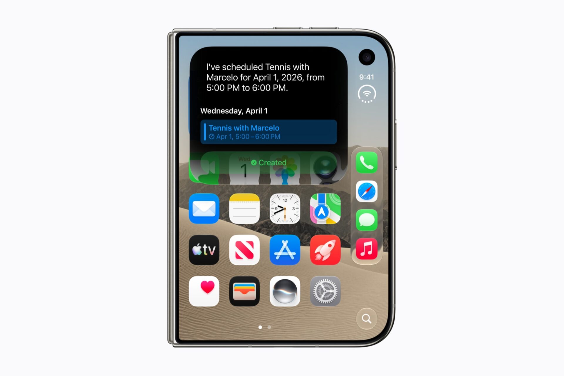 Siri AI on an open iPhone Duo confirming it scheduled a tennis match in Calendar