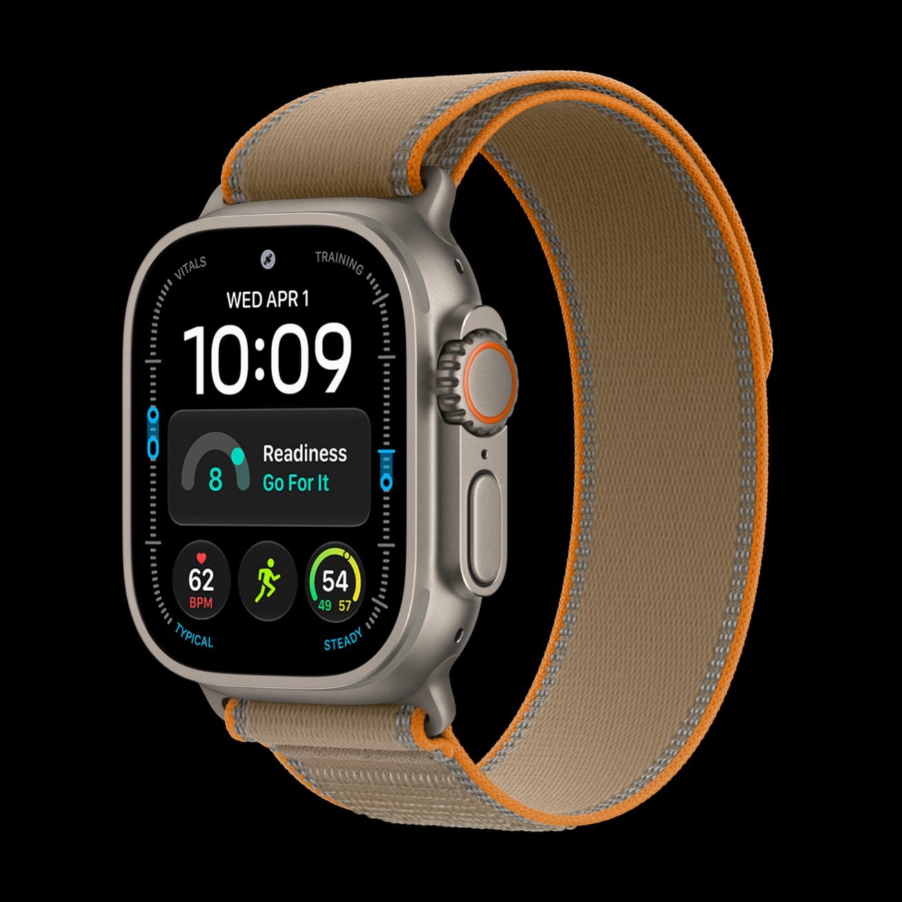 Natural titanium Apple Watch Ultra 4 with sand Trail Loop showing readiness score 8