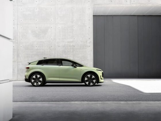 Audi A2 e-tron side view in Pistachio green