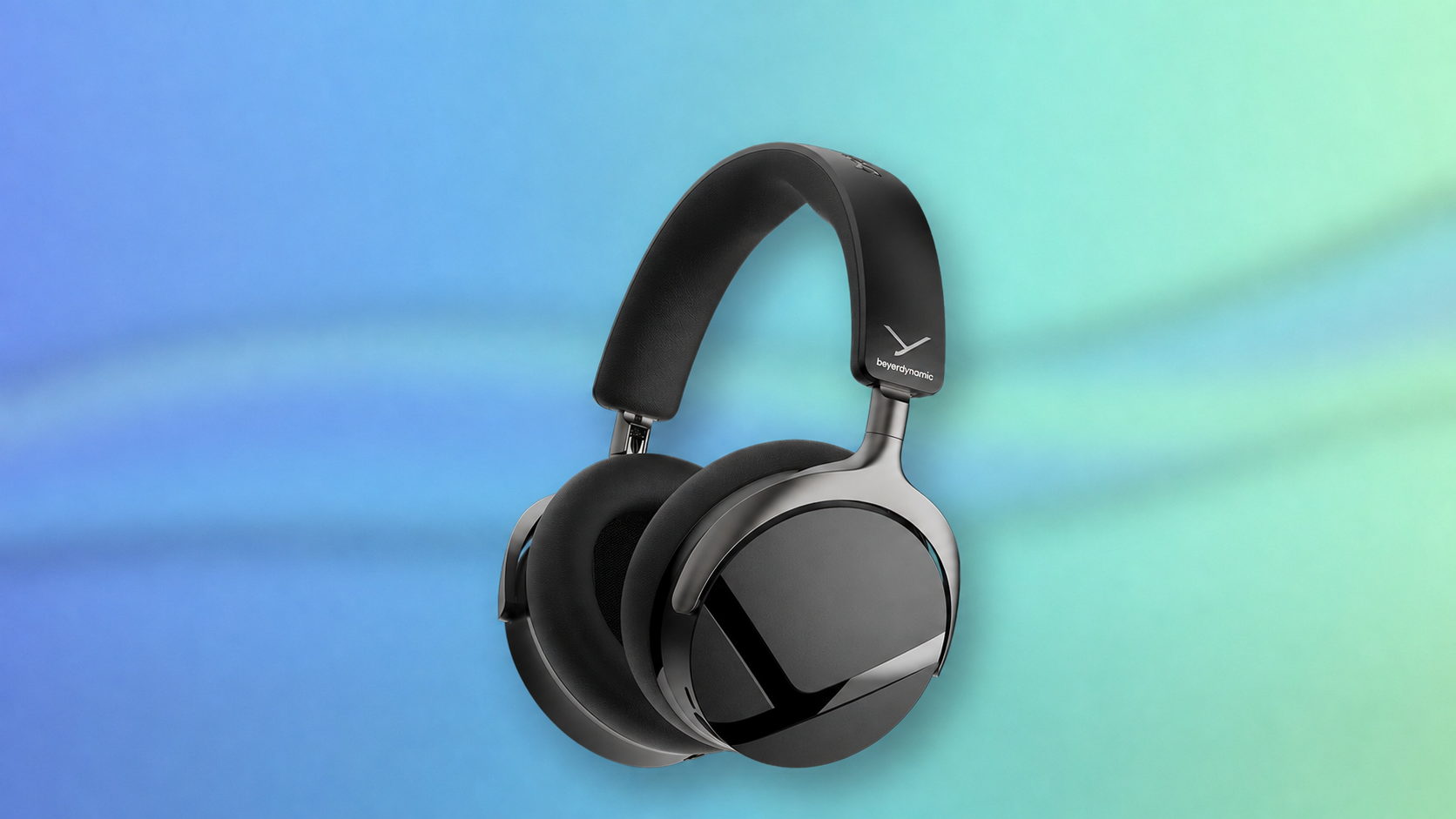 Beyerdynamic Aventho Y headphones in Liquid Black on a blue and mint background