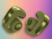 Bose Open Earbuds Add a $199 Sport Model and New Ultra Bose open earbuds: Ultra Open Earbuds (2nd Gen) in Olive Green on a colorful background