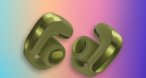 Bose open earbuds: Ultra Open Earbuds (2nd Gen) in Olive Green on a colorful background