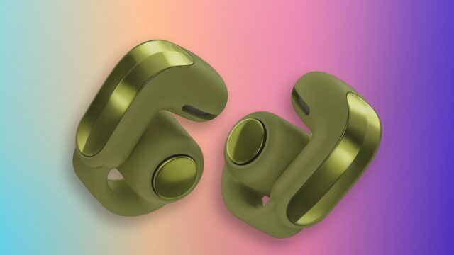 Bose open earbuds: Ultra Open Earbuds (2nd Gen) in Olive Green on a colorful background