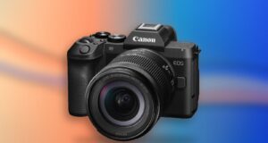Canon EOS R8 Mark II with RF24-105mm F4-7.1 IS STM lens on a coral and cobalt background