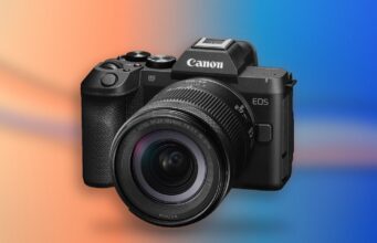 Canon EOS R8 Mark II with RF24-105mm F4-7.1 IS STM lens on a coral and cobalt background