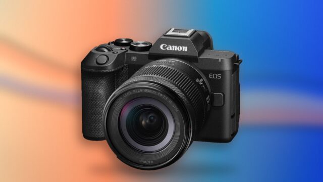 canon-eos-r8-mark-ii-mjherodeals Canon EOS R8 Mark II with RF24-105mm F4-7.1 IS STM lens on a coral and cobalt background