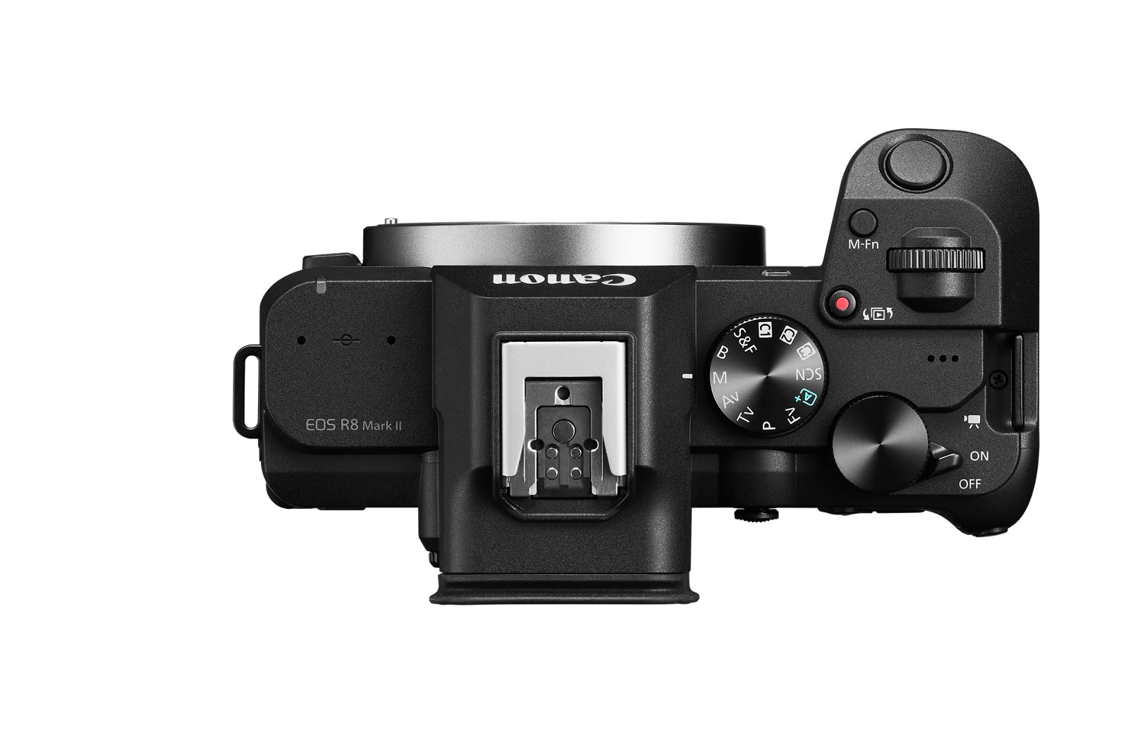 Canon EOS R8 Mark II top view showing shutter button and control dials