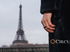 Circular Ring 2 worn on a hand with the Eiffel Tower in the background