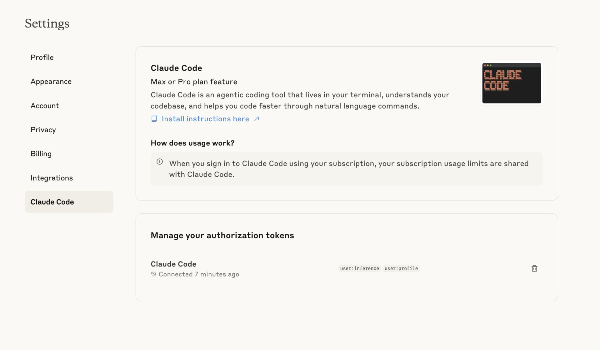 Official Claude settings page showing Claude Code authorization tokens with a trash-can control to revoke a connected session