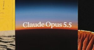 Claude Opus 5.5 launch artwork from Anthropic showing the model name over a horizon at dusk