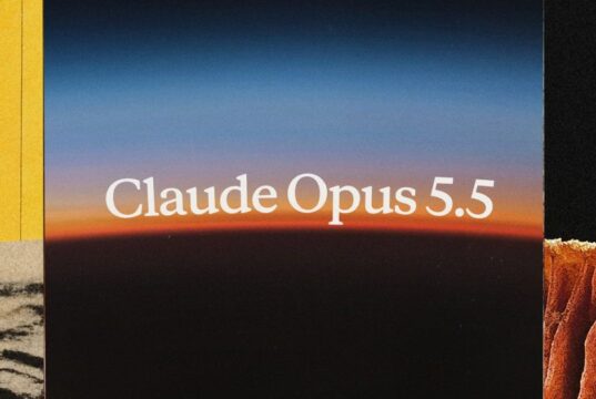Claude Opus 5.5 launch artwork from Anthropic showing the model name over a horizon at dusk
