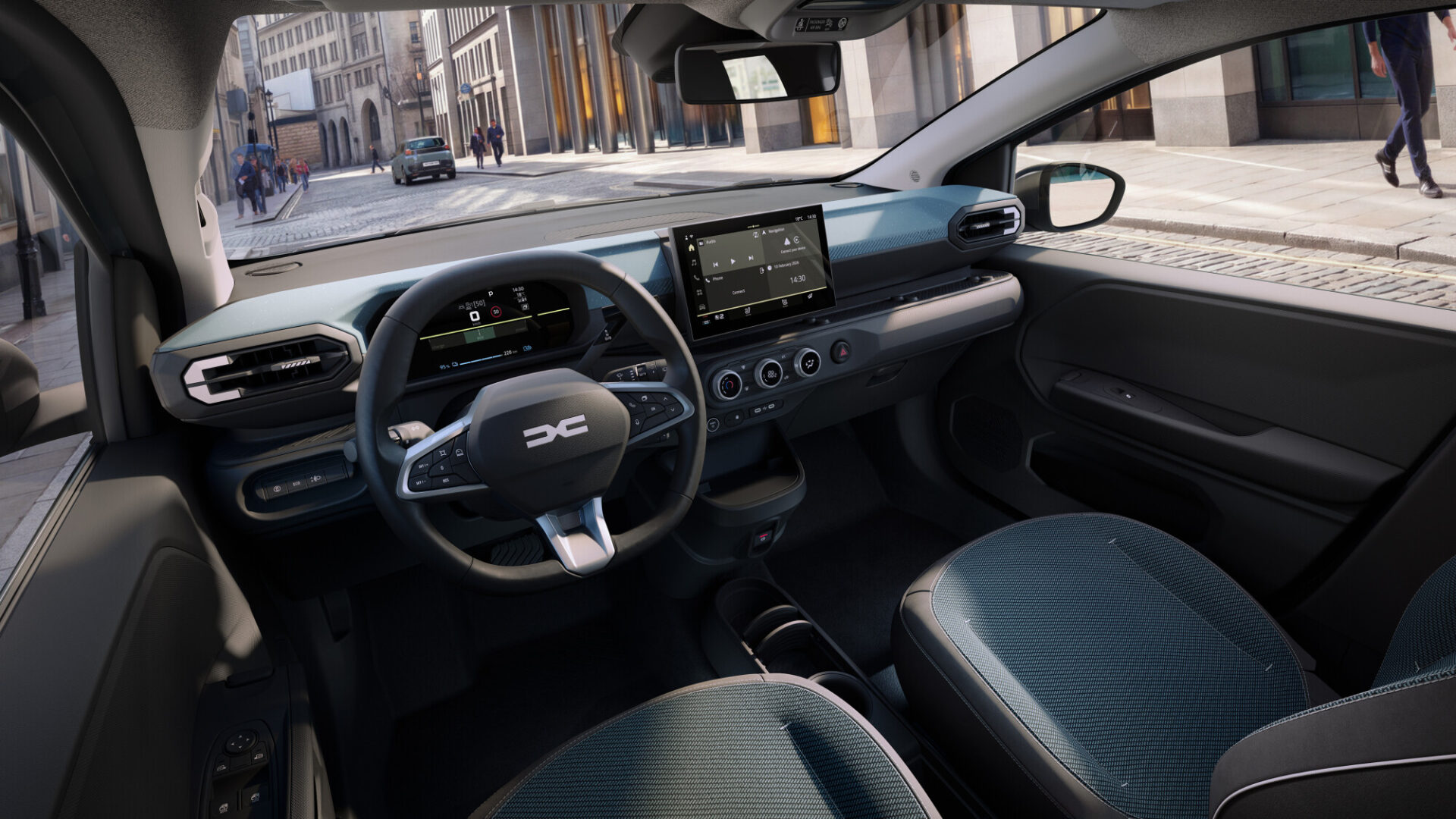 Dacia Spring EV cabin with the Journey trim's central touchscreen and digital instruments