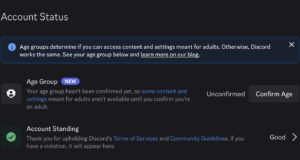 Discord Account Status screen showing an unconfirmed Age Group row with a Confirm Age button