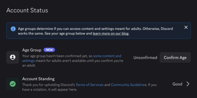 discord-age-group-account-status Discord Account Status screen showing an unconfirmed Age Group row with a Confirm Age button
