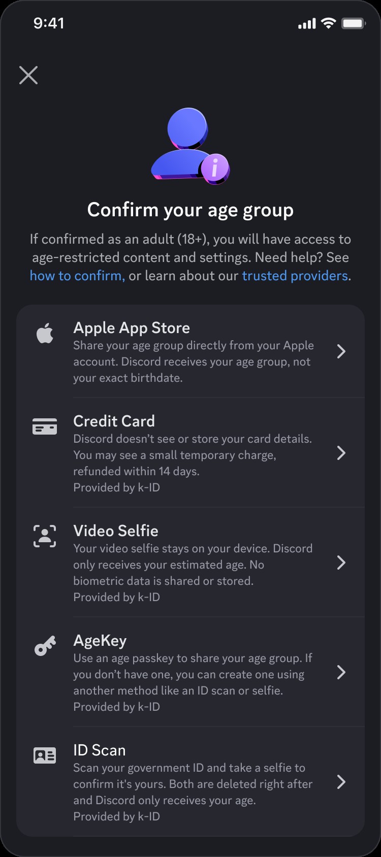 Discord mobile screen listing Apple App Store, credit card, video selfie, AgeKey, and ID scan options for confirming an age group