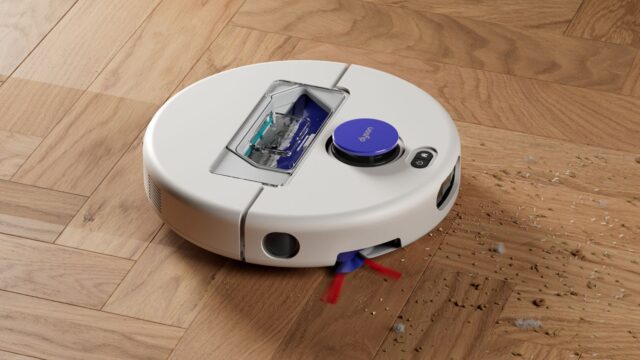 dyson-r1-nurovi-dry-official Dyson Nurovi R1 Dry robot vacuum collecting debris on a wood floor