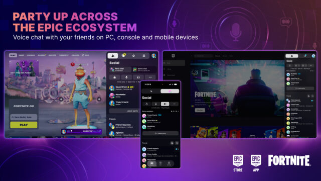 Epic Parties voice chat across Fortnite, the Epic Games Store, and the Epic Games app on PC, console, and mobile