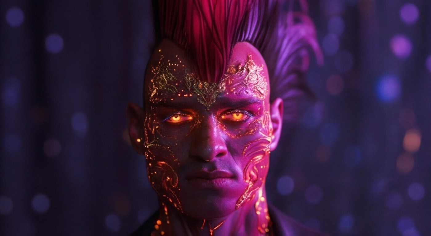 Key art for the Fairground AI Creator TV competition showing an AI-rendered character with glowing eyes